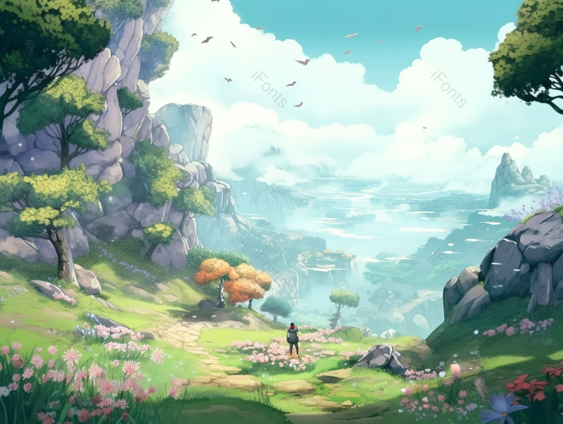 世外桃源野花遍地鸟群春季夏季草坪草地户外郊游蓝天白云美景插画,插画/手绘图,插画/手绘图库,插画/手绘图下载,插画/手绘